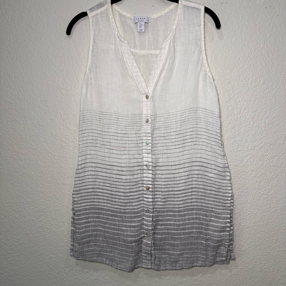 Kenar Linen White and Gray Women's Blouse Small
